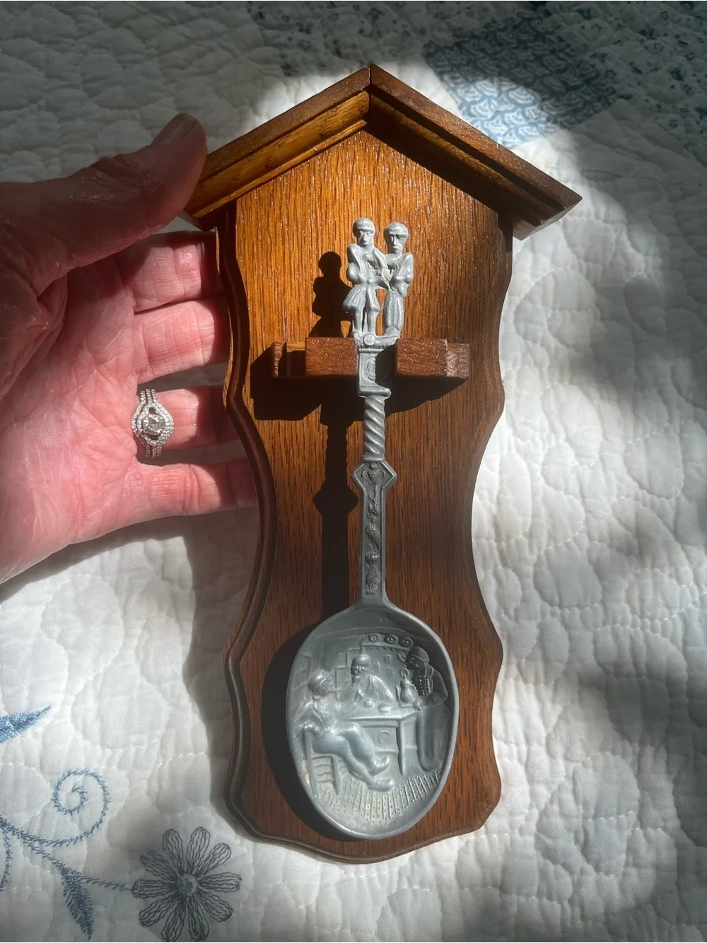 VINTAGE German Pewter Spoon mounted on Wooden Display